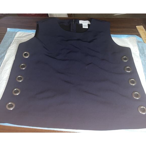CARMEN MARC VALVO WOMEN'S Dark Blue SLEEVELESS TOP XS Zip Back,Silver Grommets - Picture 6 of 16